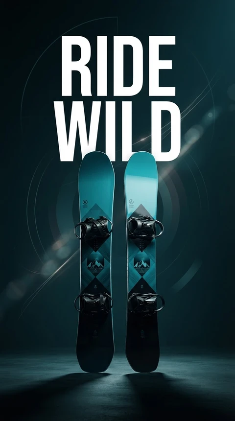 Two teal and black snowboards with mountain graphics standing upright under bold Ride Wild typography