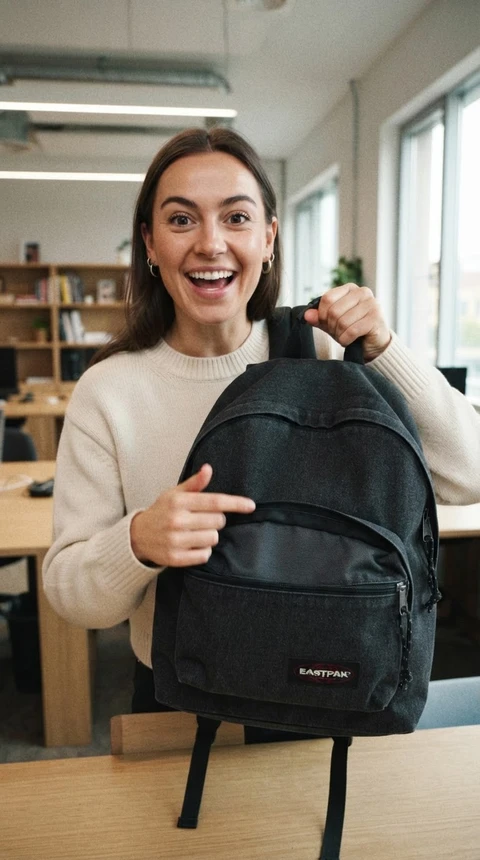 Young woman in a cream sweater excitedly pointing at a dark Eastpak backpack she is holding up