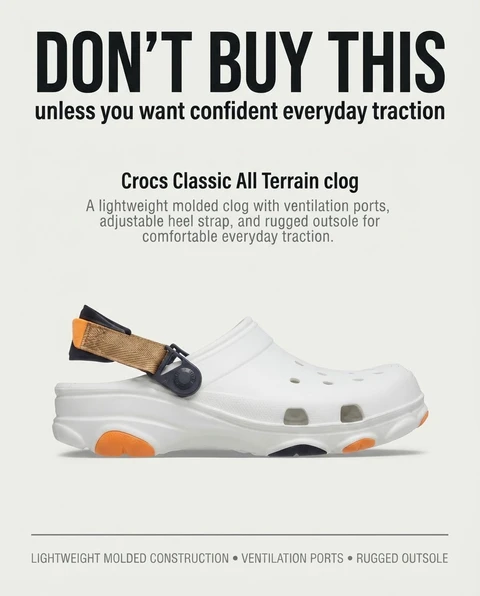 White Crocs Classic All Terrain clog with tan heel strap and orange traction pods on a light background
