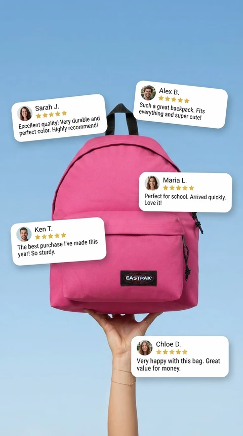 Hot pink Eastpak backpack held against a light blue background, surrounded by five-star customer review bubbles