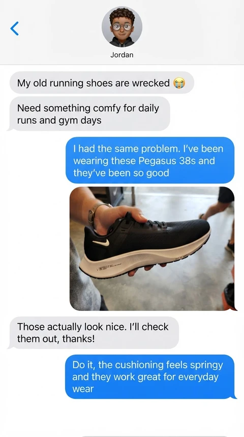 iMessage chat recommending black Nike Air Zoom Pegasus 38 running shoes with a product photo in the thread