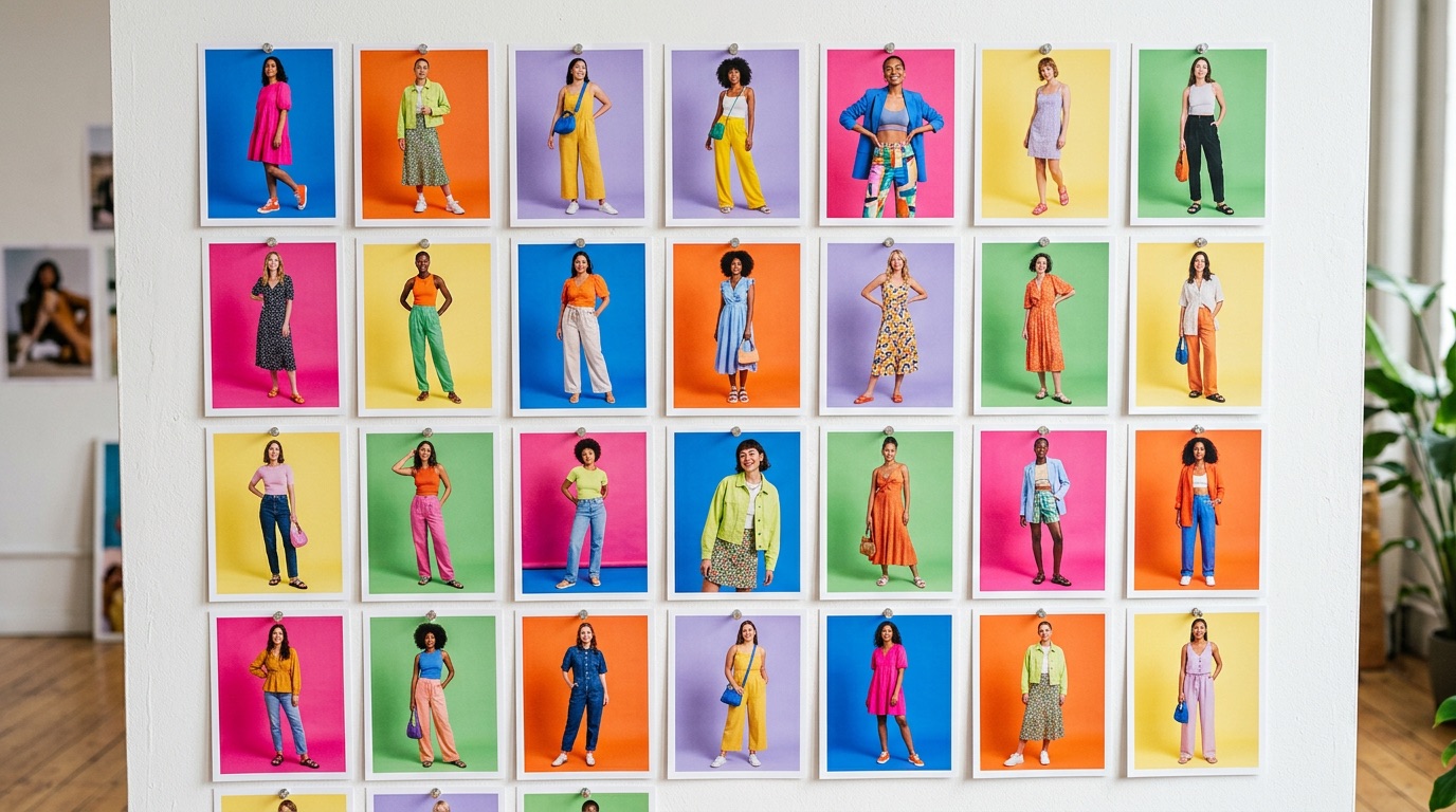 A wall grid of printed outfit photos pinned in a monthly planner layout