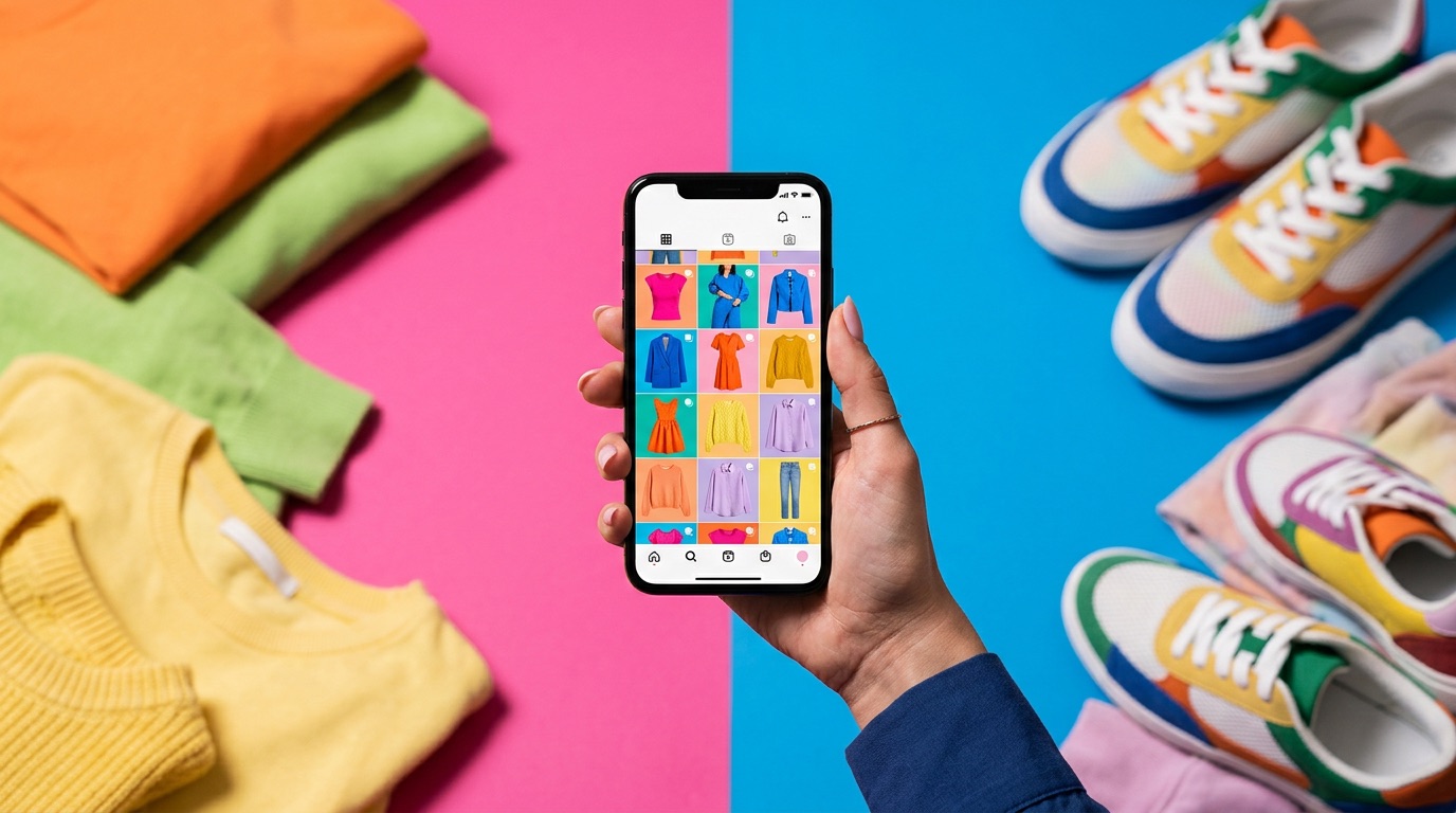 A phone showing a colourful fashion feed grid, with sneakers and folded clothing around it