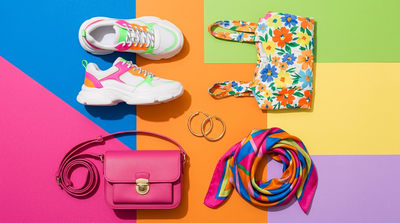 A flat lay of boutique fashion: sneakers, a floral bag, gold hoops and a printed silk scarf