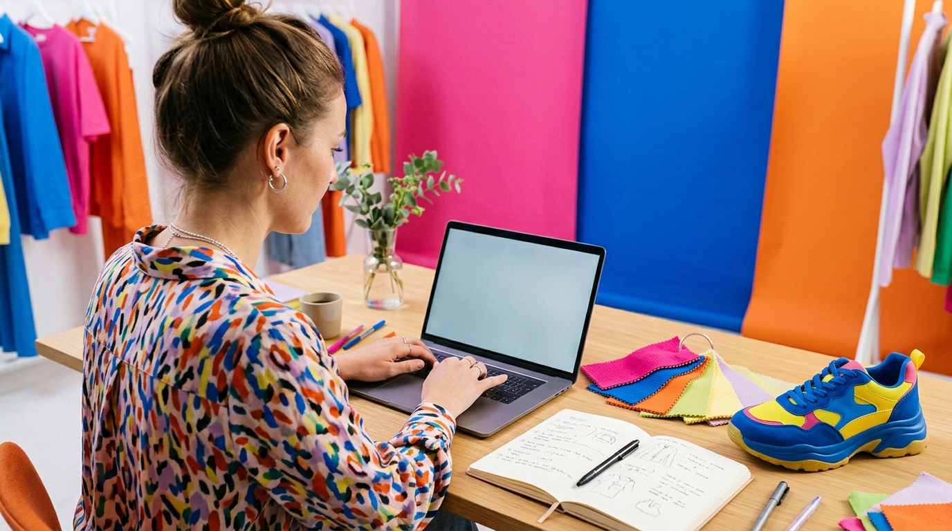 A shop owner writing social captions at a laptop, with fabric swatches and a sneaker on the desk