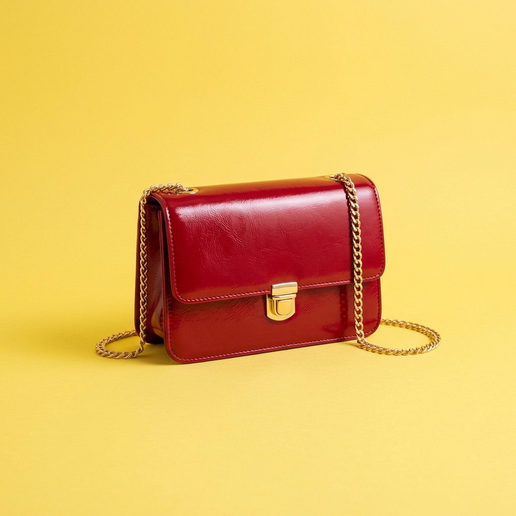 A small cherry red leather shoulder bag with a gold chain strap