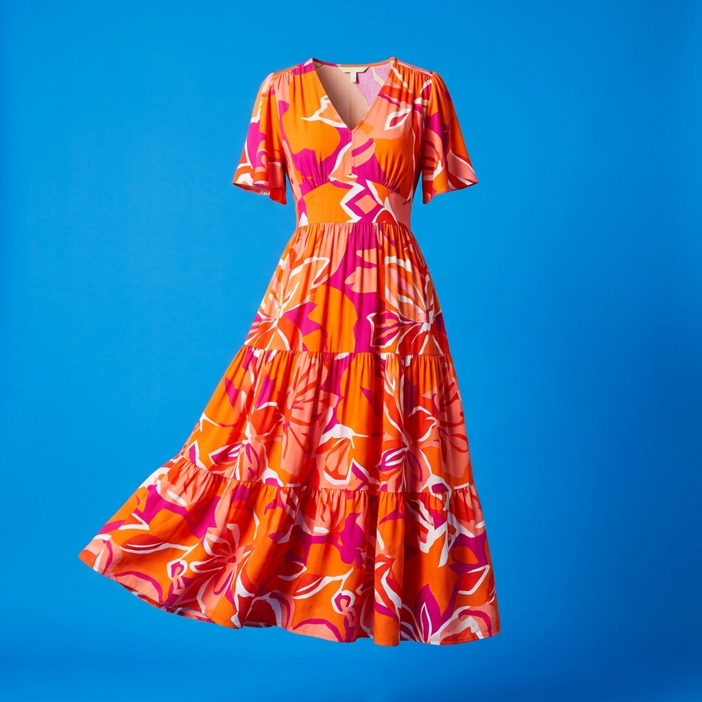 A tiered summer midi dress in a tangerine and fuchsia print
