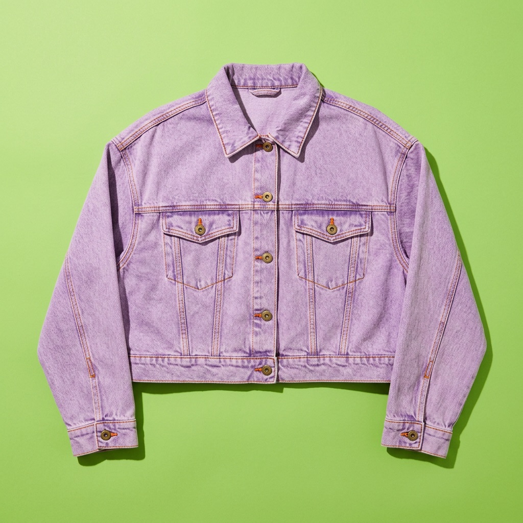 An oversized cropped denim jacket in washed lilac