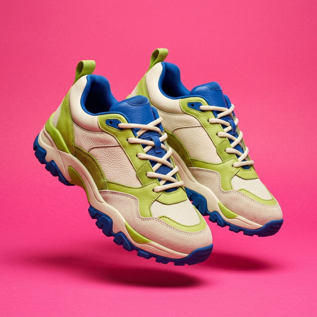 Chunky retro sneakers in cream, lime and cobalt on a hot pink background